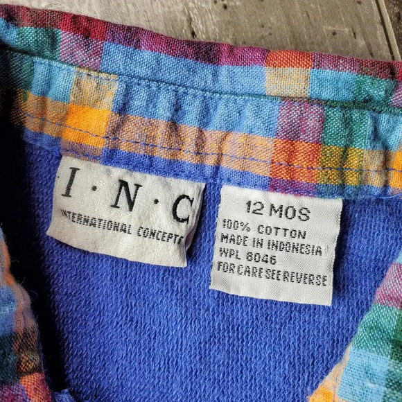 INC Boys Blue and Rainbow Plaid Button Down Shirt Size 12m 100% Cotton - Picture 2 of 9